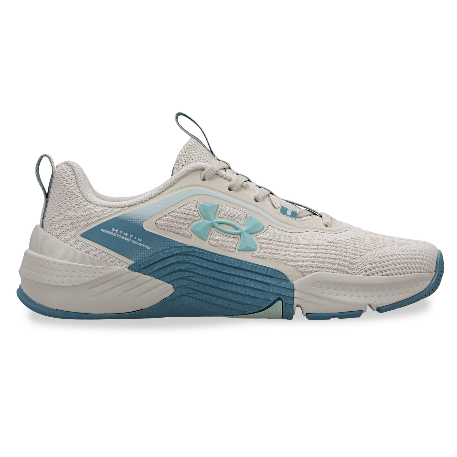Tênis feminino Under Armour Tribase Reps 2 branco com detalhes azuis, ideal para treinamento e academia